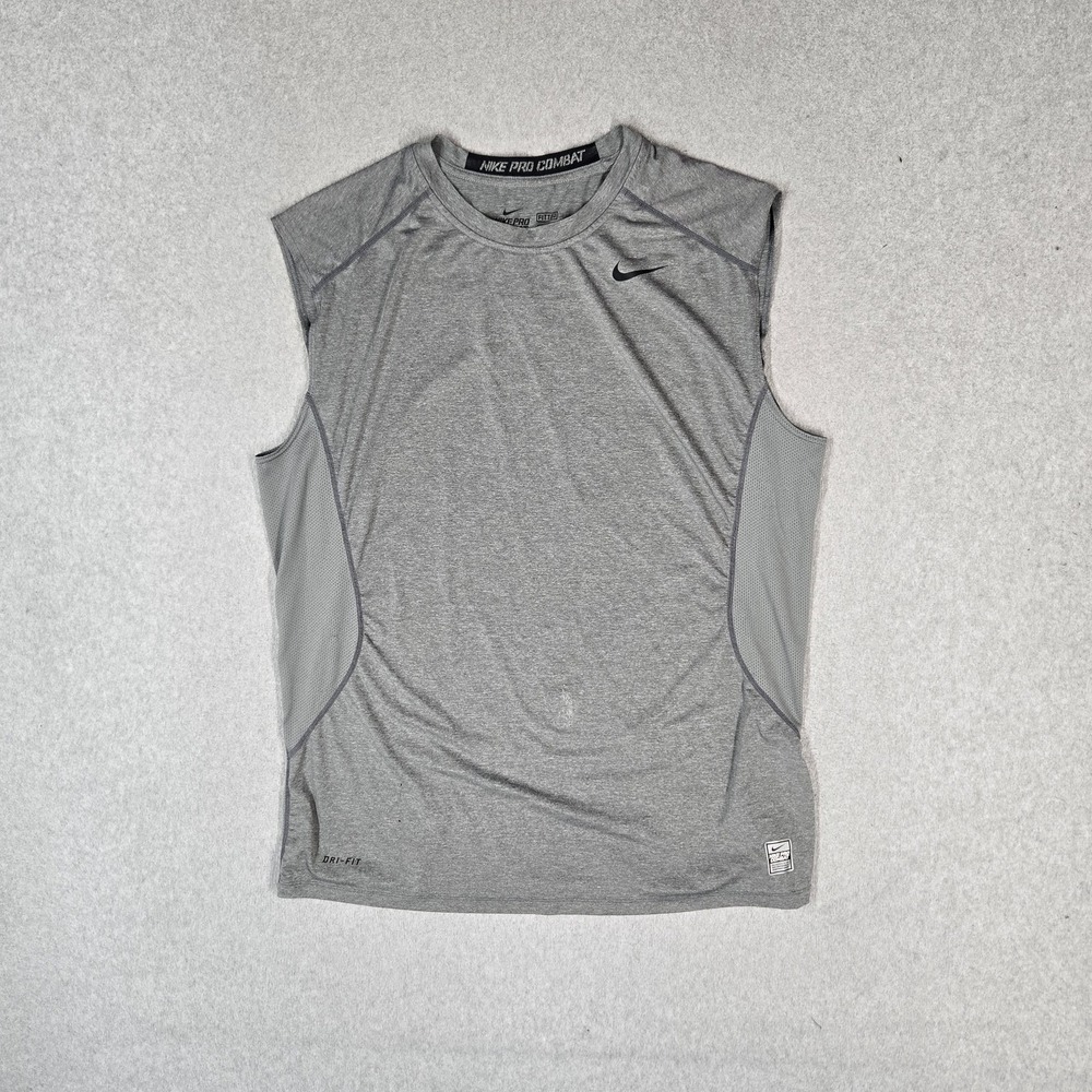 Nike Pro Combat Men Tank Top XL Gray Logo Dri-Fit Activewear Fitted READ